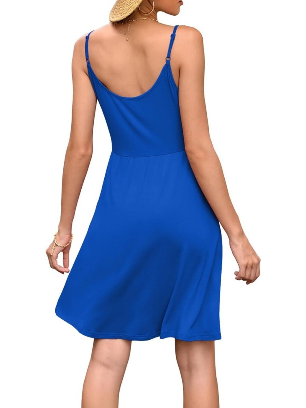 Women's Royal Blue Neck Spaghetti Strap Sundress Casual Beach Mini Dress - Picture 4 of 5